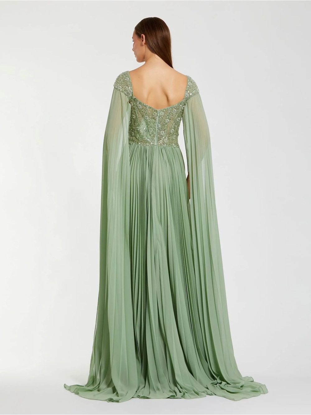 Mac Duggal 37034 Green Embellished Chiffon Cape Sleeve A Line Gown sz 16 - Picture 4 of 4